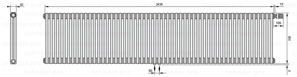 Схема (чертеж) Радиатор Zehnder Charleston 2090/53 №V008 Белый глянцевый RAL 9016